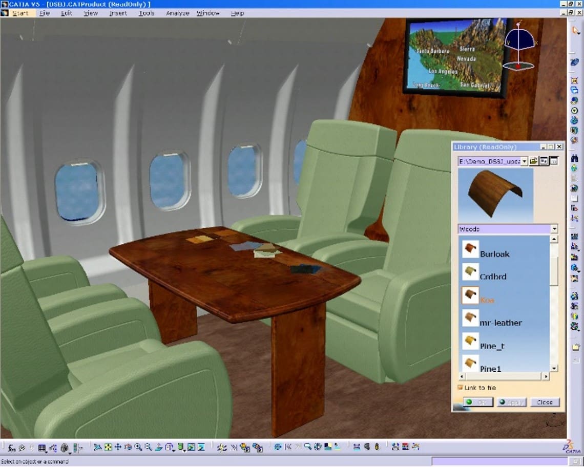 A computer generated image of an airplane interior.