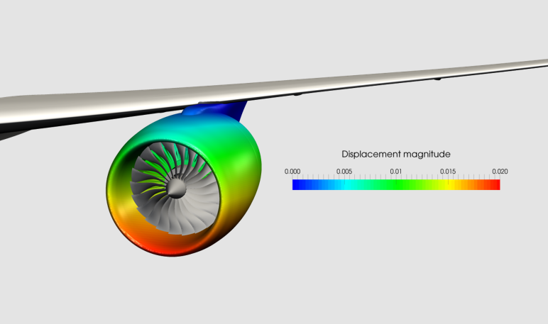 A computer model of an airplane 's engine and propeller.